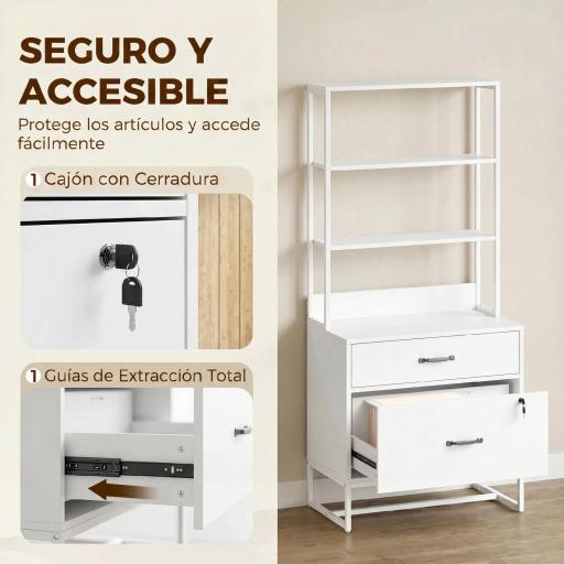 Mueble Archivador con Estantería 2 Cajones Encimera para Impresora Cerradura para A4 Letter Legal Blanco [3]