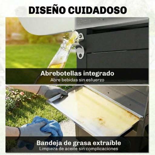 Barbacoa de Gas con 4 Quemadores 12,8 kW Termómetro Parrillas de Hierro Fundido Mesas Laterales Armario y Ruedas Negro [2]