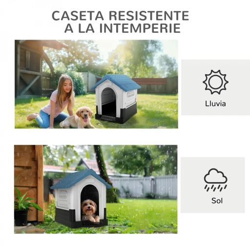 Caseta para Perros Mini para Exterior de Plástico con 3 Ventanas Base Elevada Techo Inclinado 64,5x57x66 cm Azul [4]