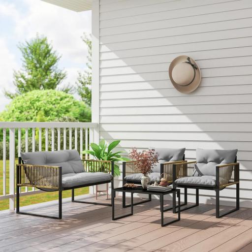 Conjunto de Jardín Exterior de Ratán Sintético con 2 Sillones 1 Sofá de 2 Plazas 1 Mesa de Centro y Cojines Crema [7]