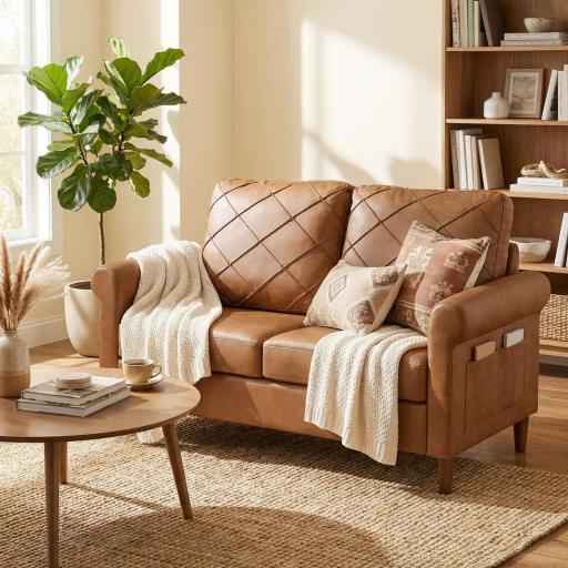 Sofá de 2 Plazas de PU con Patas de Madera Respaldo con Costuras Sofá Moderno para Salón Dormitorio Marrón [4]
