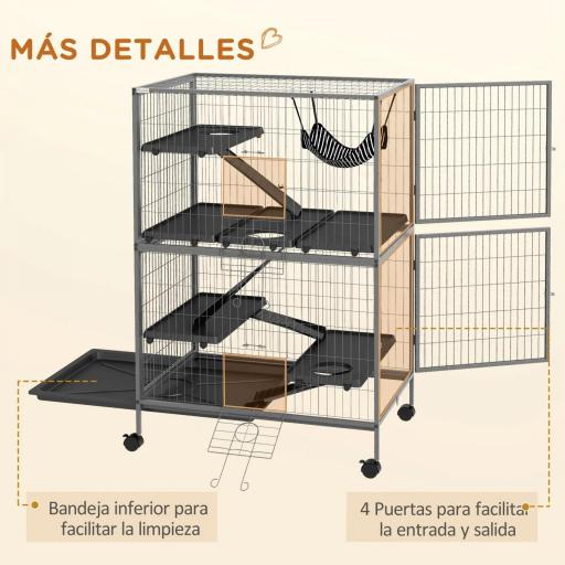 Jaula para Animales Pequeños con Ruedas Rampas Hamaca y Bandeja Extraíble para Chinchillas Hurones 80x52x128 cm Gris [3]