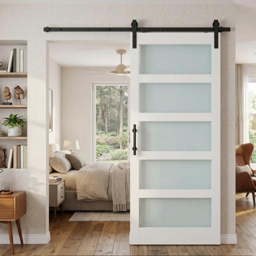 Puerta Corredera Interior 91x213 cm con Kit de Montaje, MDF y Vidrio Esmerilado, Riel y Herrajes, Blanco [4]
