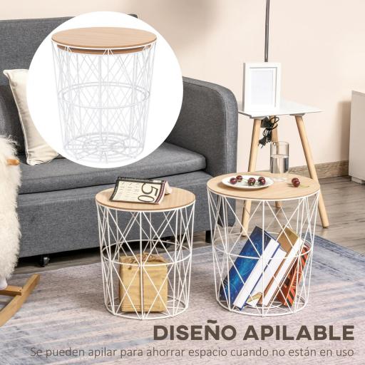 Juego de 2 Mesas Auxiliares de Salón con Tapa de Madera Extraíble y Estructura de Metal Ø40x45 cm y Ø35x40 cm Blanco [4]