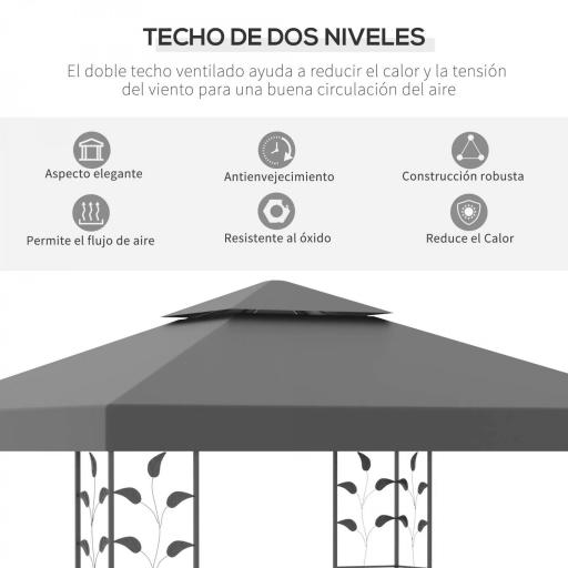 Cenador de Jardín 3x3m con Doble Techo Estructura de Acero Resistente al Agua para Exterior Patio 295x295x270 cm Gris [4]