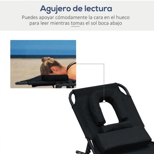Tumbona de Jardín con Respaldo Ajustable en 4 Niveles Almohada Marco de Acero y Orificio de Lectura 190x56x28 cm Negro [5]