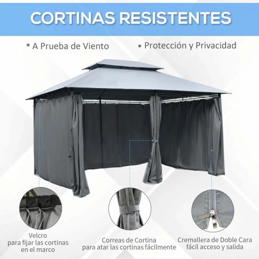 Gazebo de Exterior 3x4 m con Paredes Laterales Doble Techo 6 Puertas con Cremallera y 8 Orificios de Drenaje Gris [2]