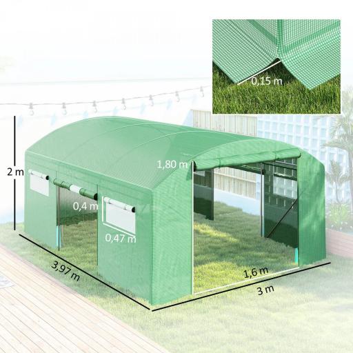 Invernadero de Túnel 4x3x2 m con 6 Ventanas 3 Puertas Enrollables Cubierta de PE y Estructura de Acero Galvanizado Verde [1]