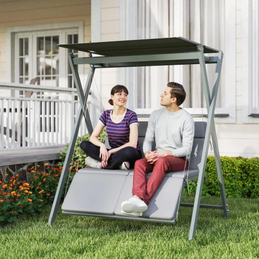 Columpio de Jardín de 2 Plazas Convertible en Cama con Toldo Ajustable UV30+ y Cojines 142x130x168 cm Gris Oscuro