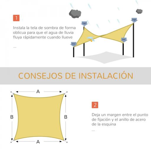 Toldo Vela Rectangular 6x4 m Vela de Sombra para Jardín Patio Terraza Poliéster Anti UV Color Arena [4]
