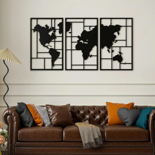 Decoración de Metal para Pared de Mapa Mundial de 3 Piezas para Salón Dormitorio Pasillo Negro [3]