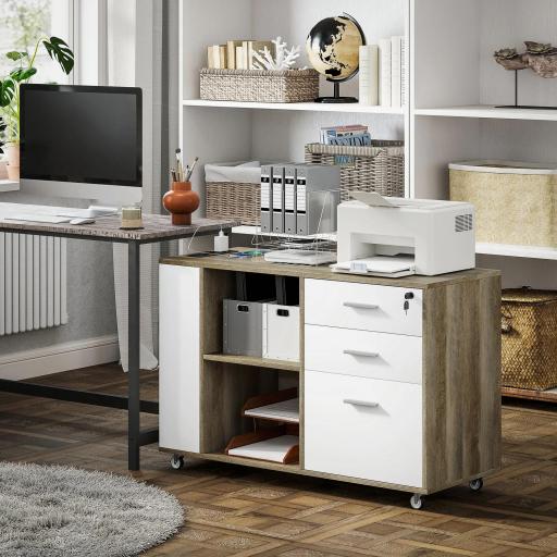 Mueble Archivador con Ruedas 3 Cajones Estación de Carga Cerradura y Estantes 100x40x65,5 cm Marrón Grisáceo [6]