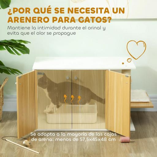 Mueble Arenero para Gatos con Centro de Juegos Cojín Pelota Puerta Lateral y Patas Antideslizantes 94x48x50,5cm Blanco [3]