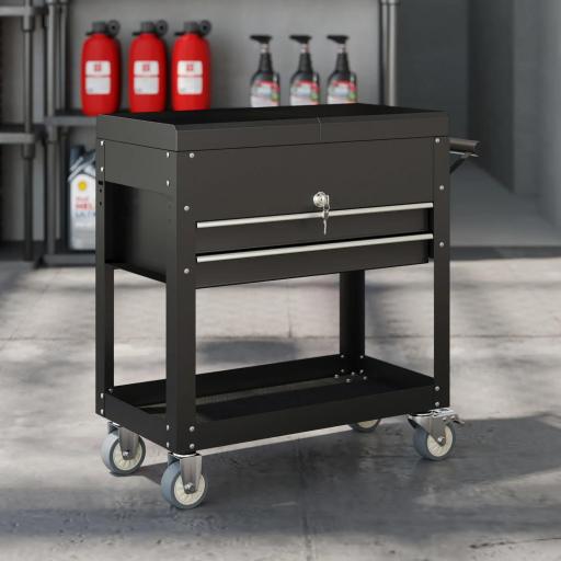 Carro de Herramientas con Ruedas Carro de Taller Móvil con Tapa Deslizante 2 Cajones con Cerradura Bandeja Negro