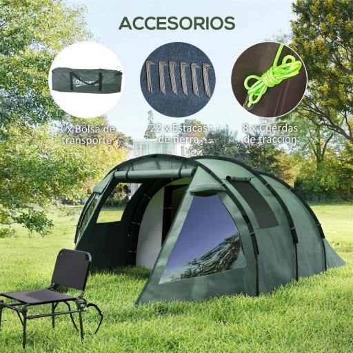 Tienda de Campaña para 3 Personas Impermeable PU2000 mm Protección UV30+ con Bolsa de Transporte 475x264x172 cm Verde [4]