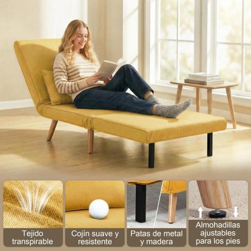 Sofá Cama Individual Plegable con Respaldo Ajustable 5 Posiciones Sillón Cama Tapizado con Cojín 72x75x85 cm Amarillo [4]