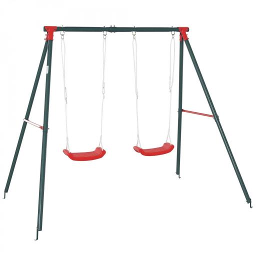 Columpio Doble para Niños +3 Años con Soporte de Metal Juego de Columpio Infantil Cuerda Ajustable Exteriores Carga Máx. 40kg 239x156x180 cm Verde Rojo [8]