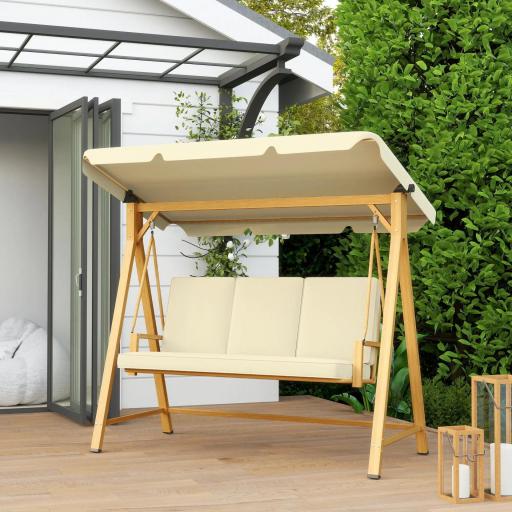 Columpio de Jardín con Toldo Ajustable para Tres Personas Estructura Metálica y Cojines 195x120x170 cm Beige [3]
