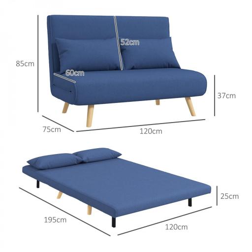Sofá Cama de 2 Plazas Tapizado en Lino con Respaldo Ajustable en 5 Posiciones y 2 Almohadas 120x75x85 cm Azul Oscuro [1]