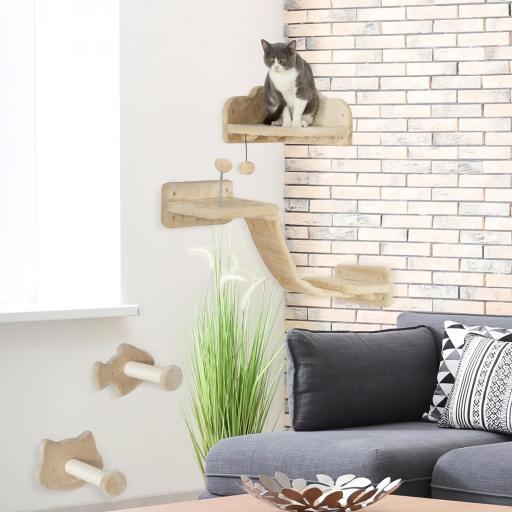 Rascador de Pared para Gatos con 2 Postes de Sisal Plataforma Doble con Escalera Suave y 1 Plataforma para Saltar Beige