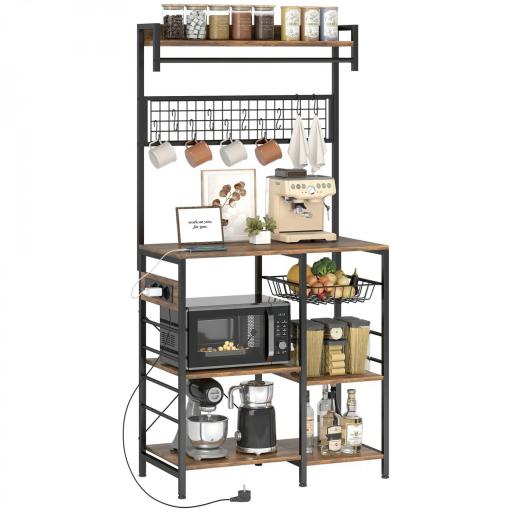 Estantería de Cocina con Tres Enchufes y Luces LED Industrial con Estantes para Microondas 80x42x162 cm Marrón Rústico [9]