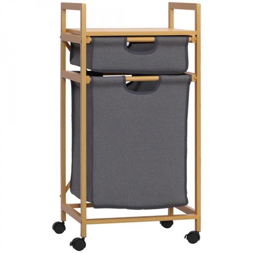 Cesto para Ropa Sucia Cesta para la Colada de Bambú con 2 Bolsas de Tela Extraíbles y Ruedas 42x35x84,5 cm Gris [9]