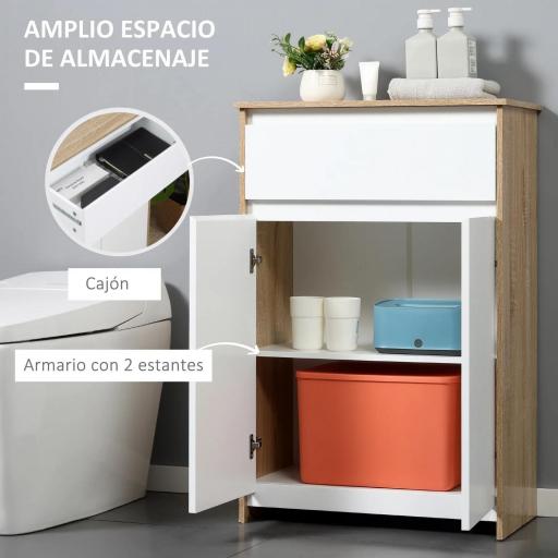 Armario de Baño con 1 Cajón y 2 Puertas Mueble Auxiliar de Estilo Moderno 60x30x90 cm Blanco y Natural [2]