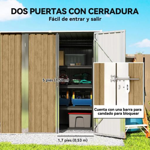 Cobertizo de Jardín Exterior Metálico 1,37 m² 163x89x163 cm con Techo Inclinado, Puertas con Pestillo y Guantes Marrón [5]