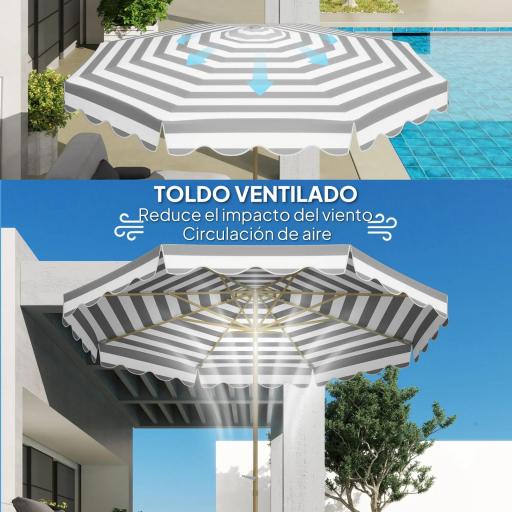 Sombrilla Grande con Protección UV 50+ y Toldo Ajustable para Jardín Patio y Terraza Ø2,68x2,37 m Rayas Gris y Blanco [4]