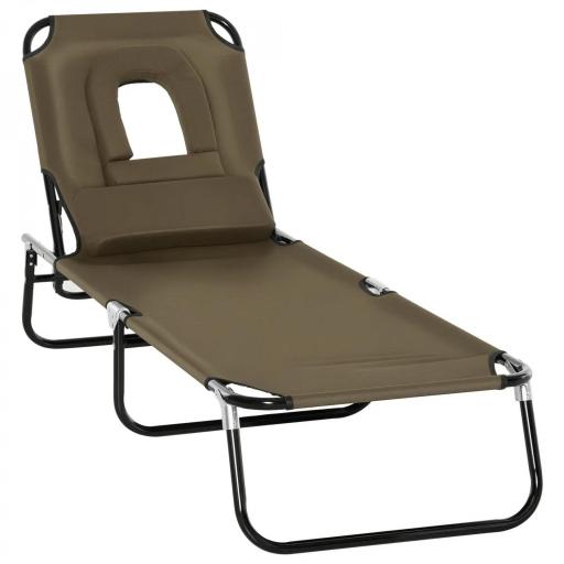 Tumbona Plegable con Respaldo Regulable 4 Posiciones con Orificio de Lectura Almohada Tela Oxford 190x56x28 cm Marrón [8]