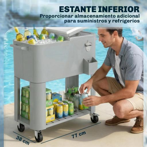 Carrito Nevera de 76L con Ruedas Estante Abrebotellas Recogetapas Drenaje y 2 Asas para Patio Fiesta 92x39x81 cm Plata [4]