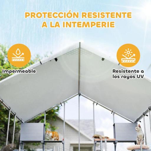 Jaula Grande para Gatos Exterior con 2 Casitas 7 Plataformas para Saltar Cubierta Impermeable y Anti-UV 240x193x195 cm [2]