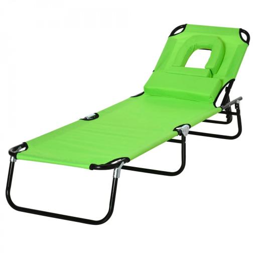 Tumbona Plegable con Respaldo Regulable en 4 Posiciones Tumbona de Jardín con Orificio de Lectura Almohada Marco Metálico y Tela Oxford para Playa Terraza Carga 120 kg 190x56x28 cm Verde [9]