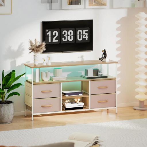 Mueble de TV con Luz LED y Enchufes Puertos USB Estantes Abiertos 4 Cajones plegables 120x30x67,5 cm Beige y Blanco [6]