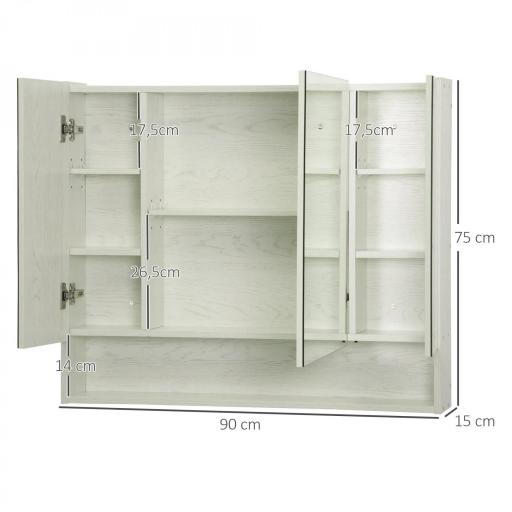 Armario de Baño con Espejo 3 Puertas Estante Ajustable y Compartimento 90x15x75 cm Blanco [7]