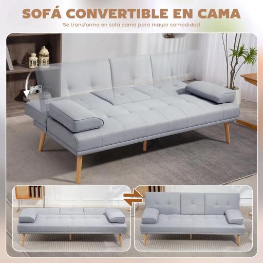 Sofá Cama 3 Plazas con Respaldo Ajustable de 3 Niveles Reposabrazos Desmontable 181x77x78 cm Gris Claro [5]