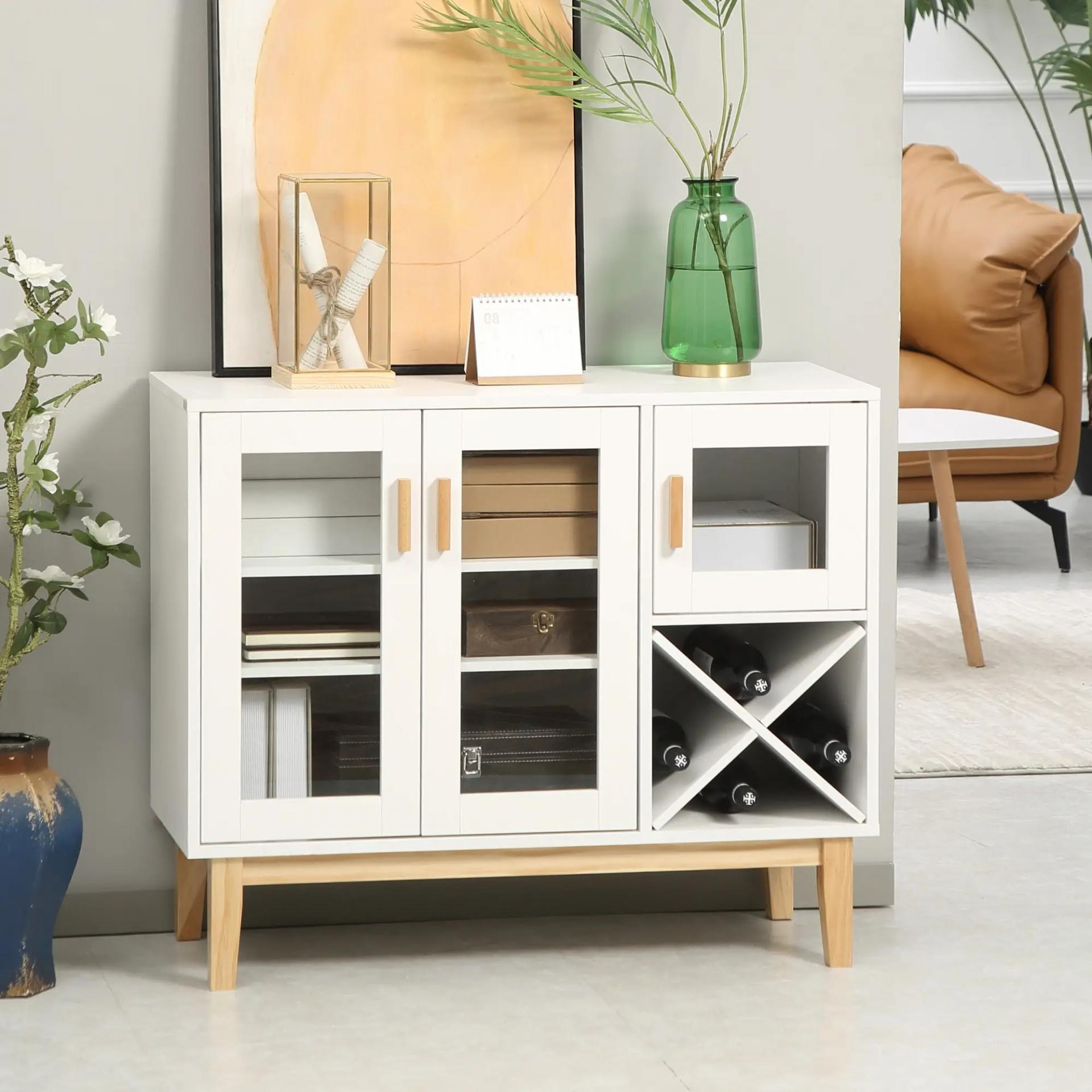 Aparador de Cocina con 3 Puertas de Vidrio y Botellero en Forma X para 4 Botellas 90x37x75 cm Blanco