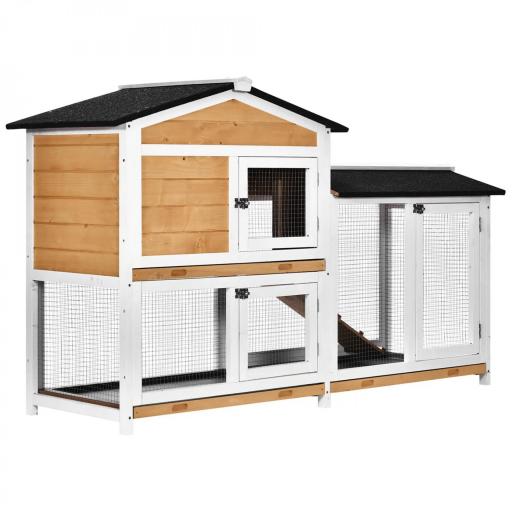 Conejera de Madera Exterior Jaula para Conejos de 2 Niveles con Techo Asfáltico 2 Corrales de Metal Bandeja Extraíble 2 Puertas y Rampa 157,4x53x93,5 cm Natural [8]