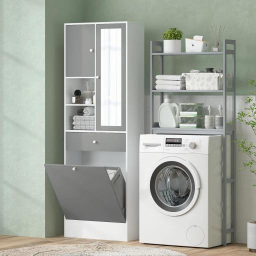 Armario de Baño con Cesto Ropa Sucia Espejo Cajón Compartimentos y Estantes Ajustables 62x28,3x181 cm Blanco y Gris [5]