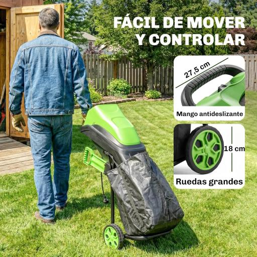 Trituradora de Ramas Eléctrica 2500W con 2 Cuchillas Reversibles hasta Ø44 mm de Ramas Bolsa 45L Ruedas Verde [2]
