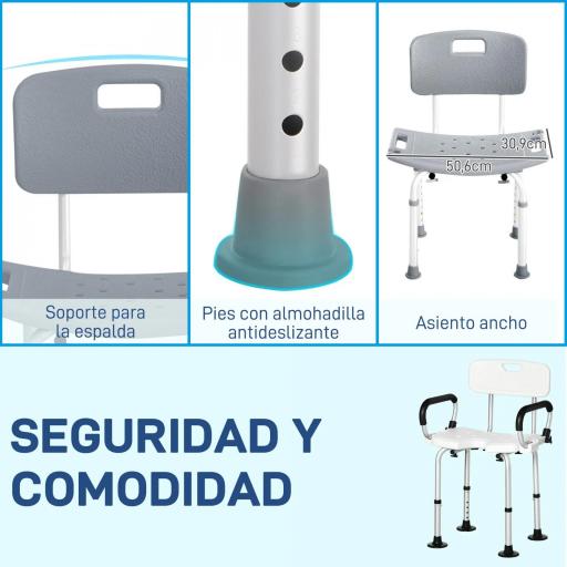 Taburete de Ducha Silla para Ducha con Respaldo Antideslizante Altura Regulable en 8 Niveles Carga 136 kg [3]