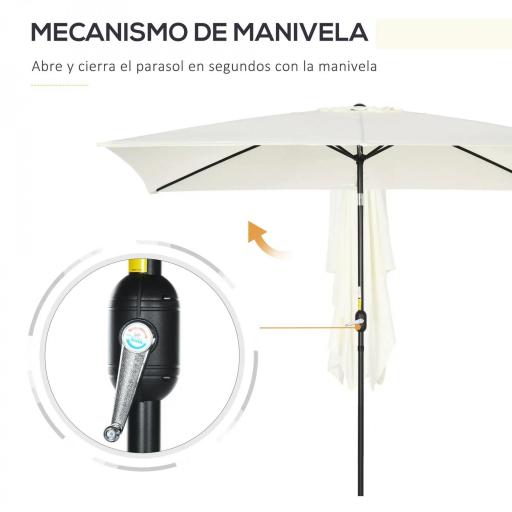 Sombrilla de Aluminio 200x300x253 cm Parasol Rectangular de Jardín Inclinable con Manivela y Poste Desmontable Crema [5]