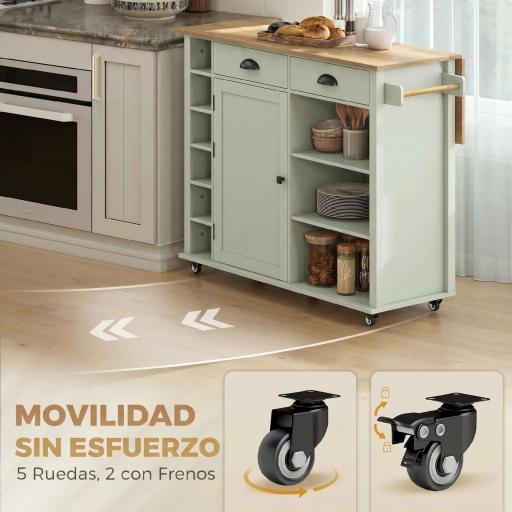 Isla de Cocina con Ruedas Tapa Abatible Especiero Toallero Armario 2 Cajones 117,5x70x91 cm Verde Claro [5]