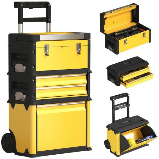Caja de Herramientas con Ruedas Apilable Carro de Herramientas de Acero con Bandeja Mango Telescópico Amarillo y Negro [7]