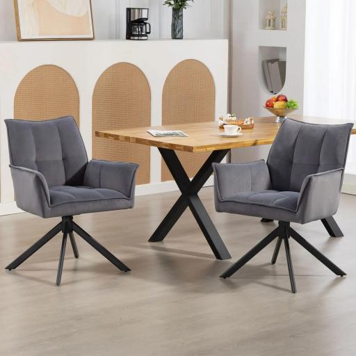 Juego de 2 Sillas de Comedor Giratorias con Reposabrazos Respaldo Acolchado Tapizado en Terciopelo Patas de Acero Gris