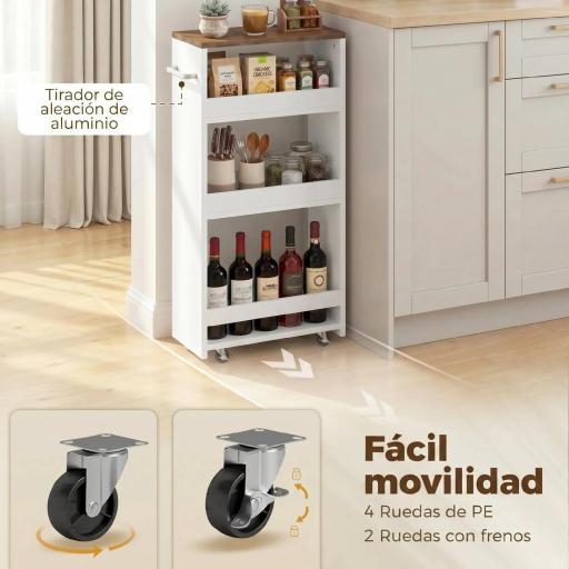 Carrito de Cocina Estrecho de 3 Niveles con Ruedas para Espacios Reducidos Comedor o Salón Blanco [6]