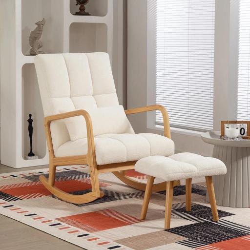 Silla Mecedora con Reposapiés Tapizado en Bouclé Cojín Acolchado y Reposabrazos y Patas de Madera Carga 120 kg Blanco [6]