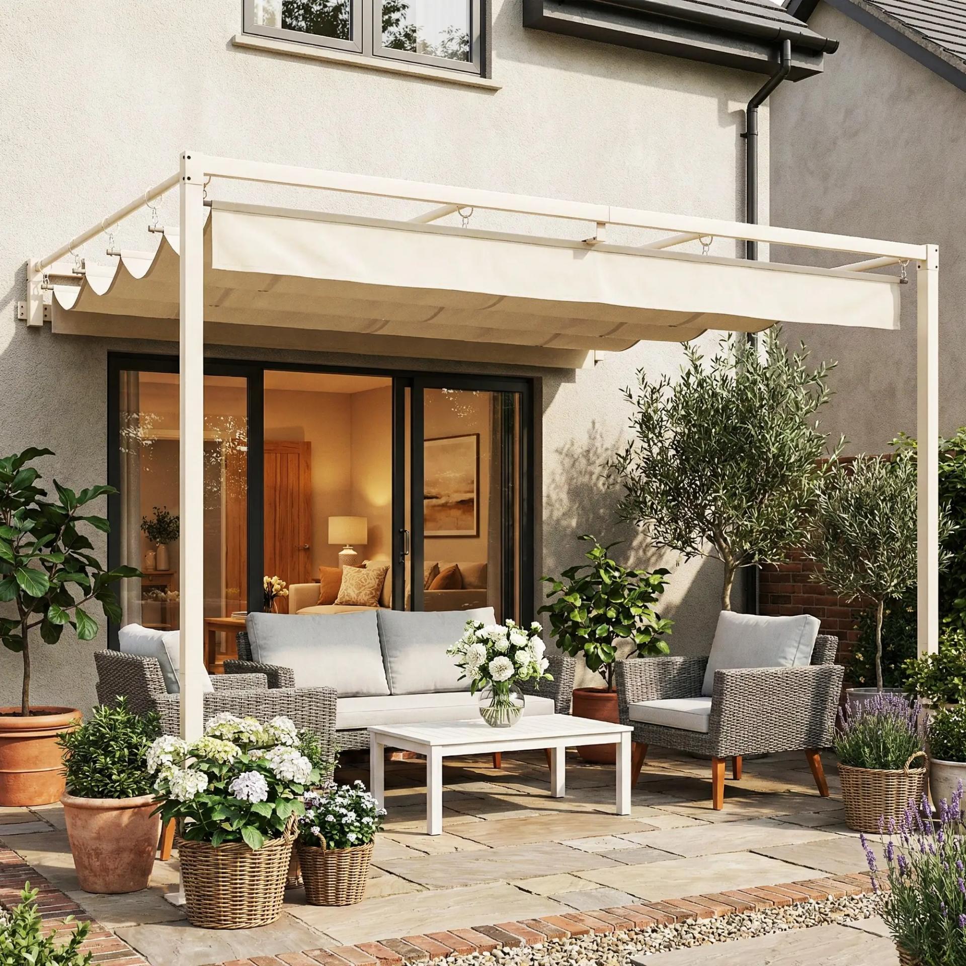 Pérgola de Pared de Jardín 3x3 m con Techo Retráctil Protección UPF30+ Drenaje Cenador de Jardín para Exterior Beige