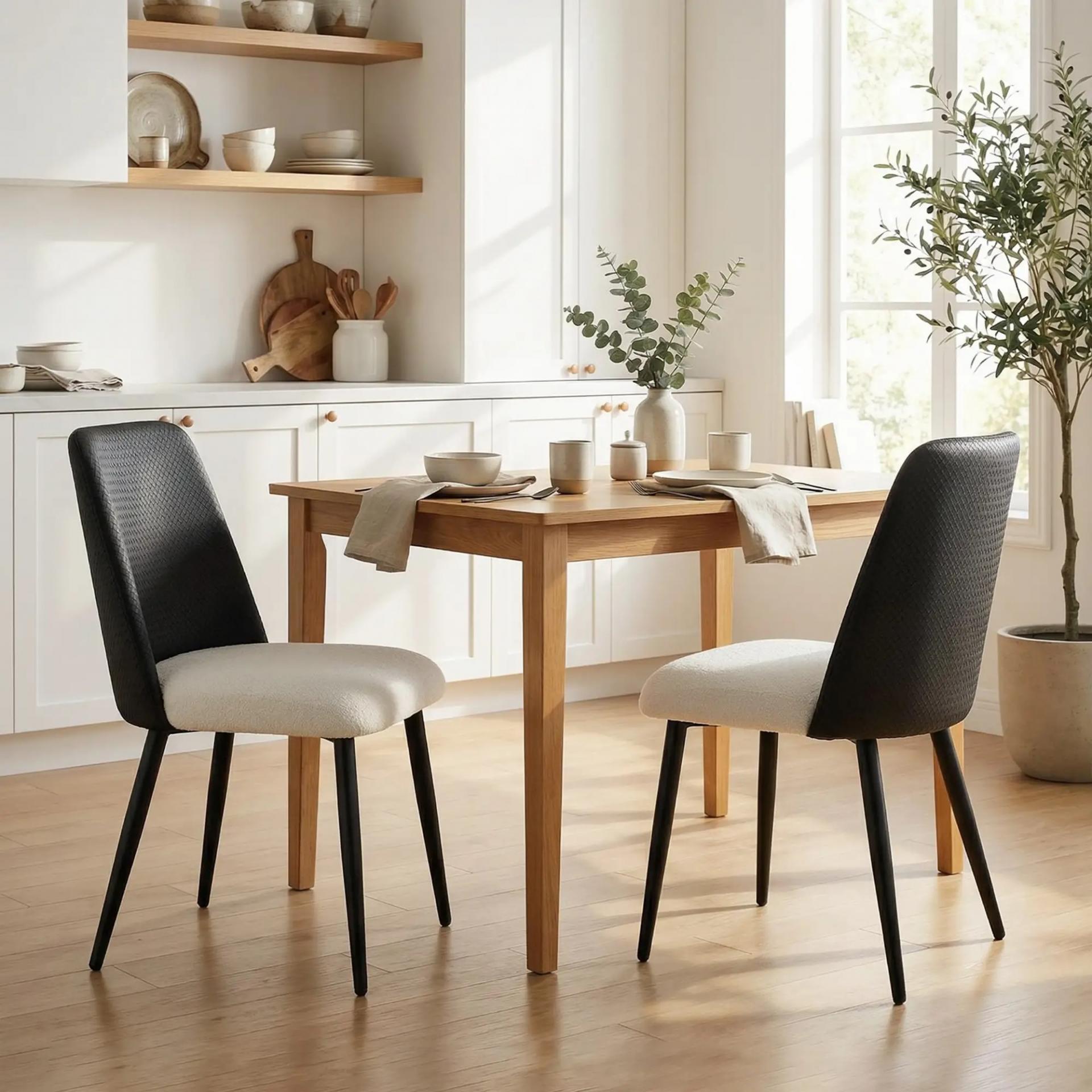 Juego de 2 Sillas de Cocina con Respaldo de PU de Imitación Ratán Patas de Acero y Asiento Acolchado Negro y Beige