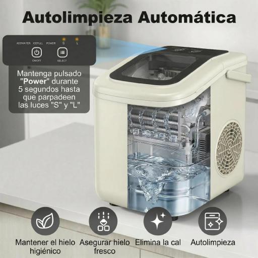 Máquina de Hielo Autolimpiable 12 kg/24H 9 Cubitos Listos en 7 Minutos 2 Tamaños de Hielo 1,2L Depósito Beige [4]